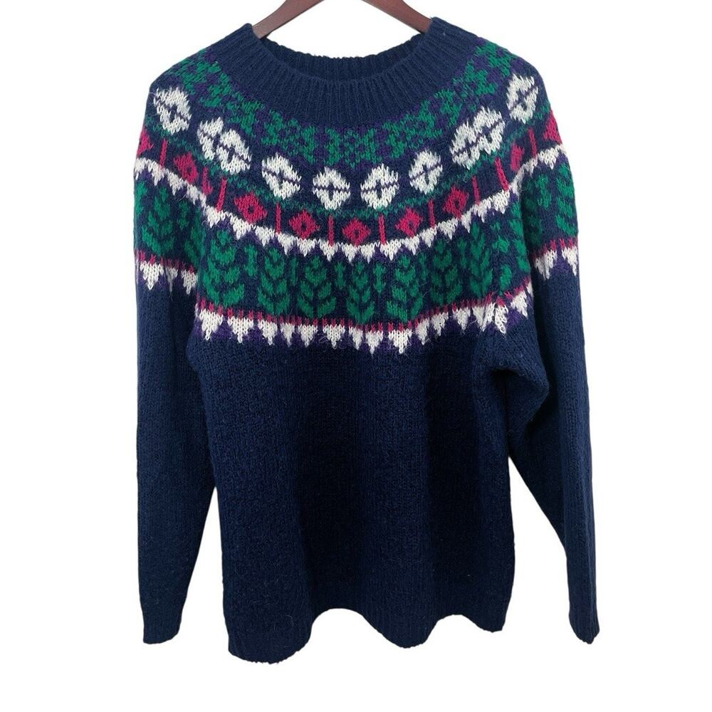 Vtg Venezia Sweater Womens 14 16 Blue Pink Fair Isle Acrylic Knit Pullover 90s